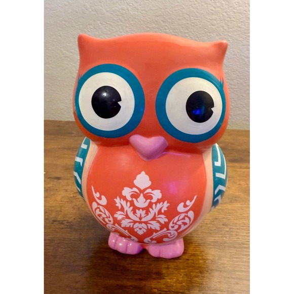Coral Owl Coin Bank Ceramic Colorful Accent Decor Home Kids Room Cute Savings - Picture 1 of 6